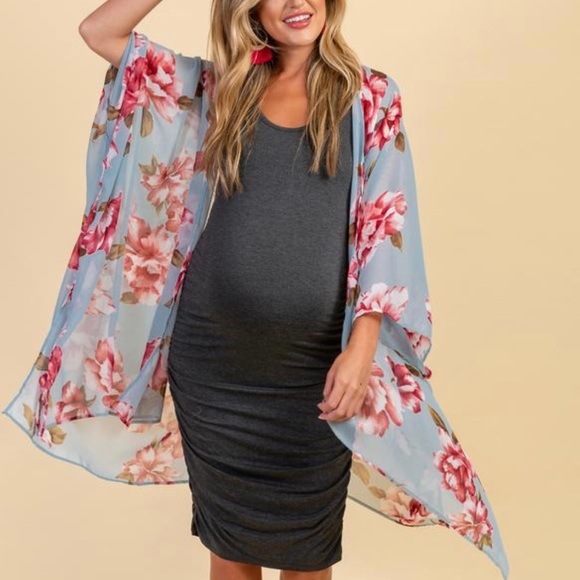 Light Blue Floral Chiffon Draped Maternity Kimono